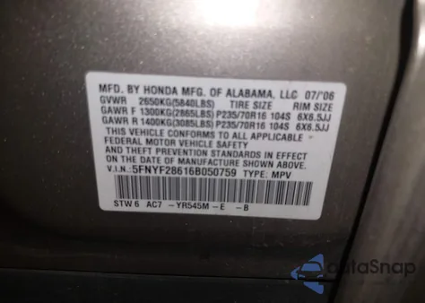 2006 Honda Pilot Ex-L from USA, damaged, VIN 5FNYF28616B050759